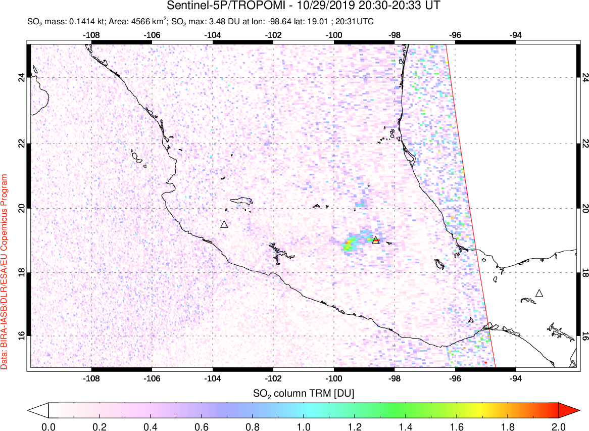 A sulfur dioxide image over Mexico on Oct 29, 2019.
