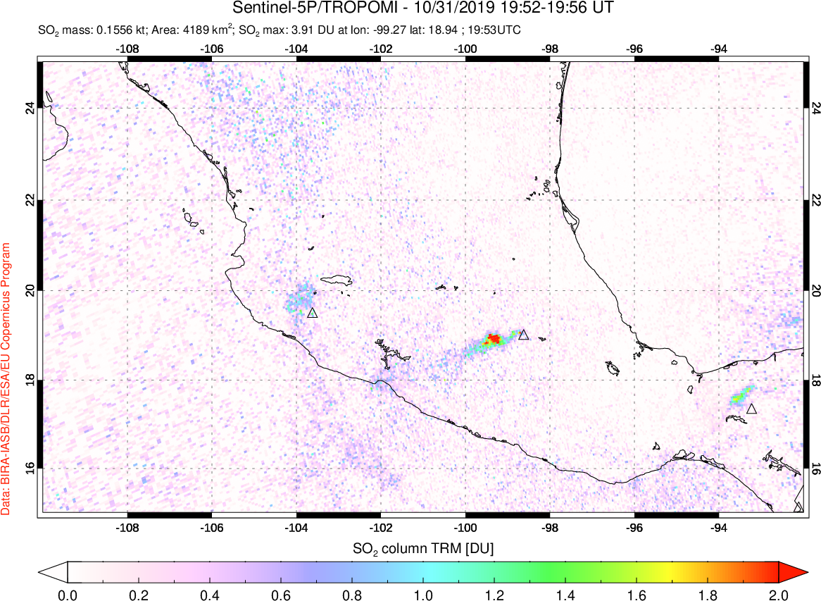 A sulfur dioxide image over Mexico on Oct 31, 2019.