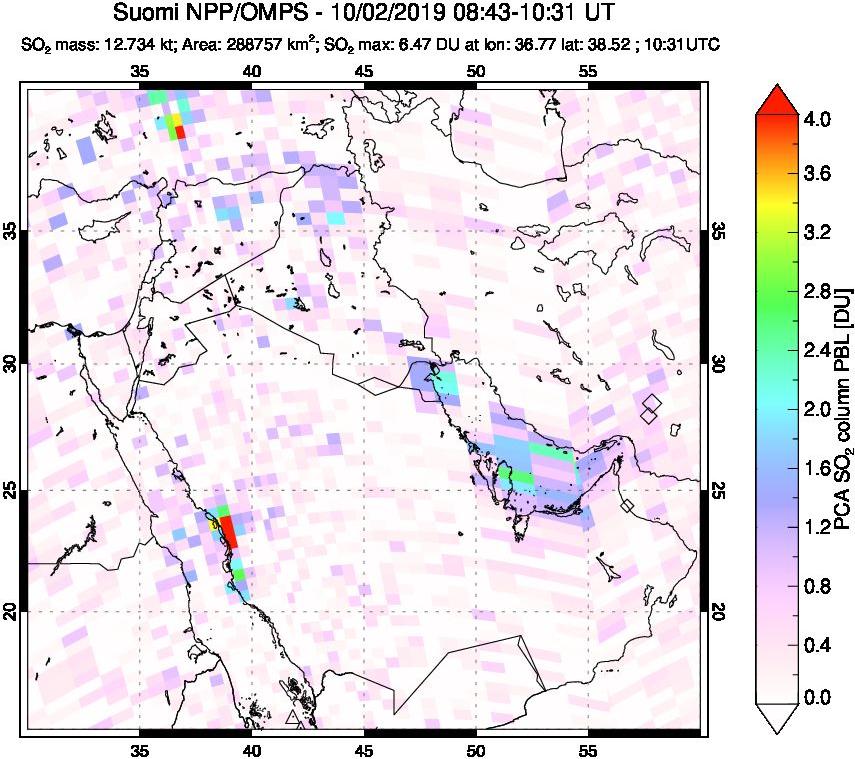 A sulfur dioxide image over Middle East on Oct 02, 2019.