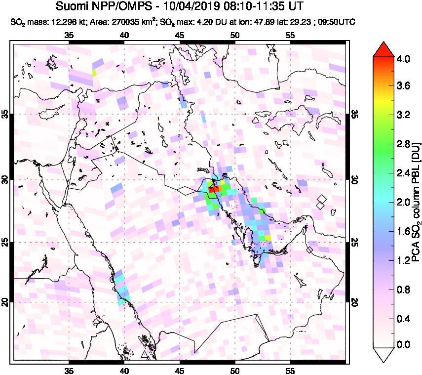 A sulfur dioxide image over Middle East on Oct 04, 2019.