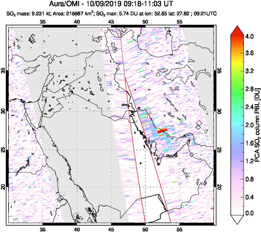 A sulfur dioxide image over Middle East on Oct 09, 2019.