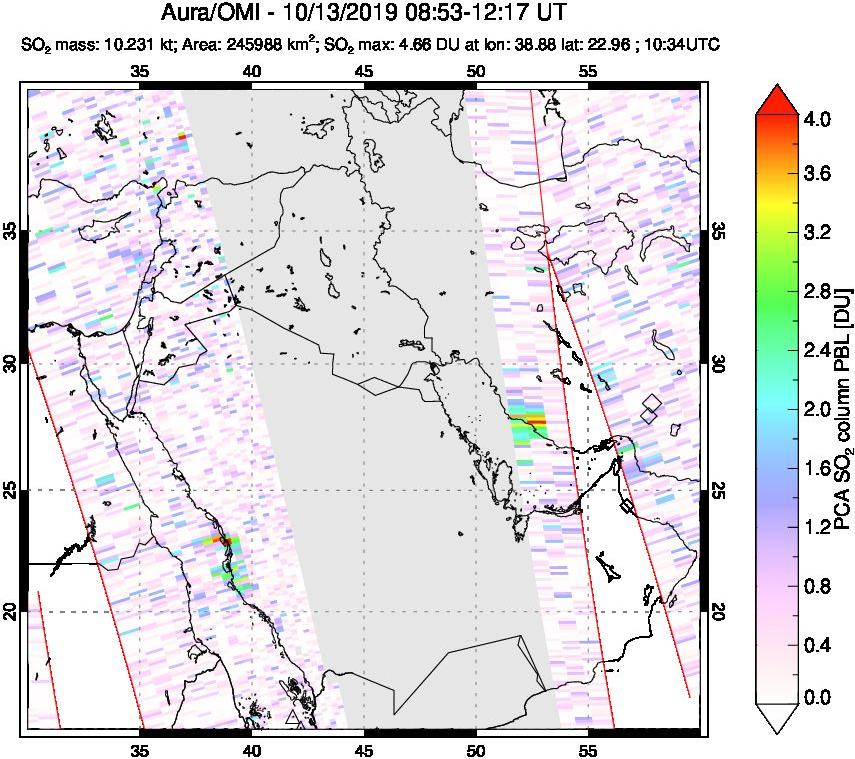 A sulfur dioxide image over Middle East on Oct 13, 2019.