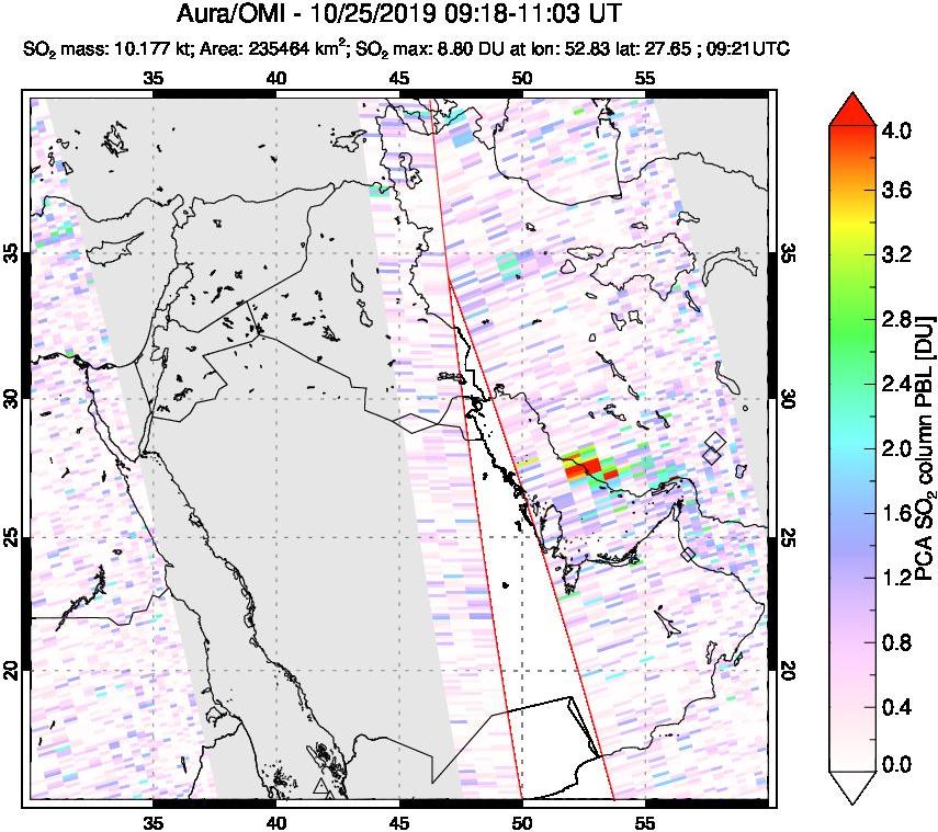 A sulfur dioxide image over Middle East on Oct 25, 2019.
