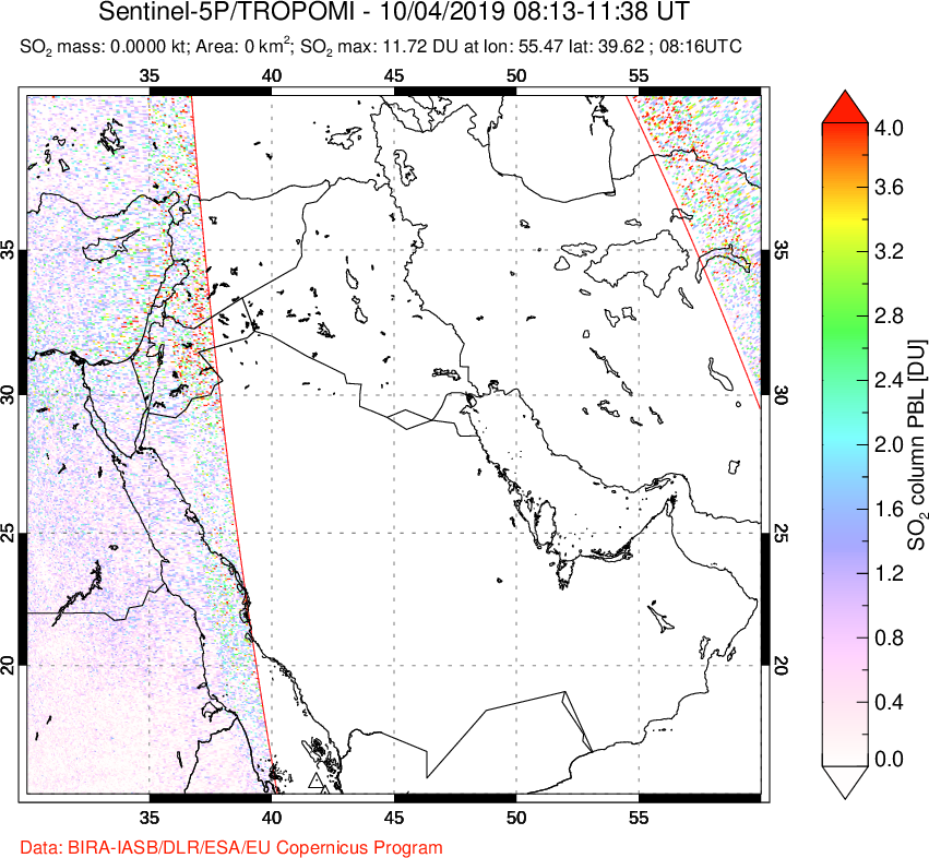 A sulfur dioxide image over Middle East on Oct 04, 2019.