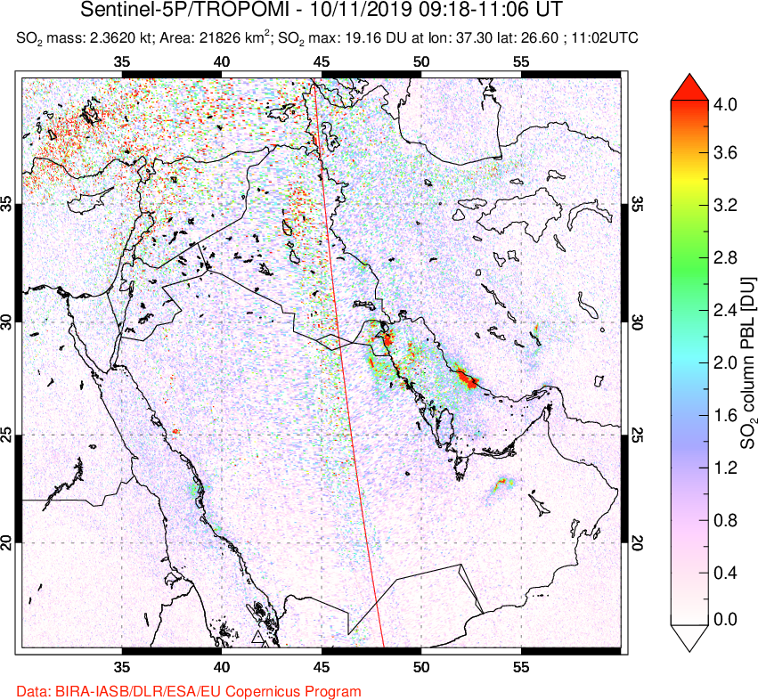 A sulfur dioxide image over Middle East on Oct 11, 2019.
