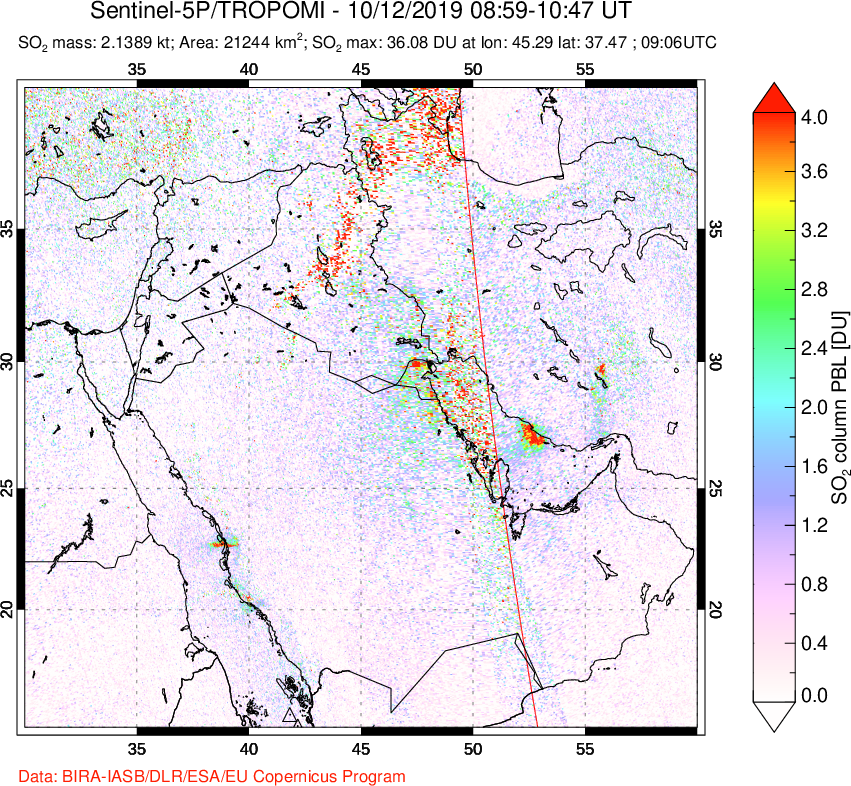 A sulfur dioxide image over Middle East on Oct 12, 2019.