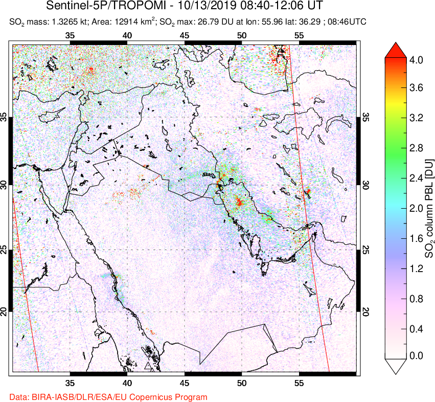 A sulfur dioxide image over Middle East on Oct 13, 2019.