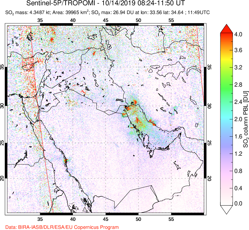 A sulfur dioxide image over Middle East on Oct 14, 2019.