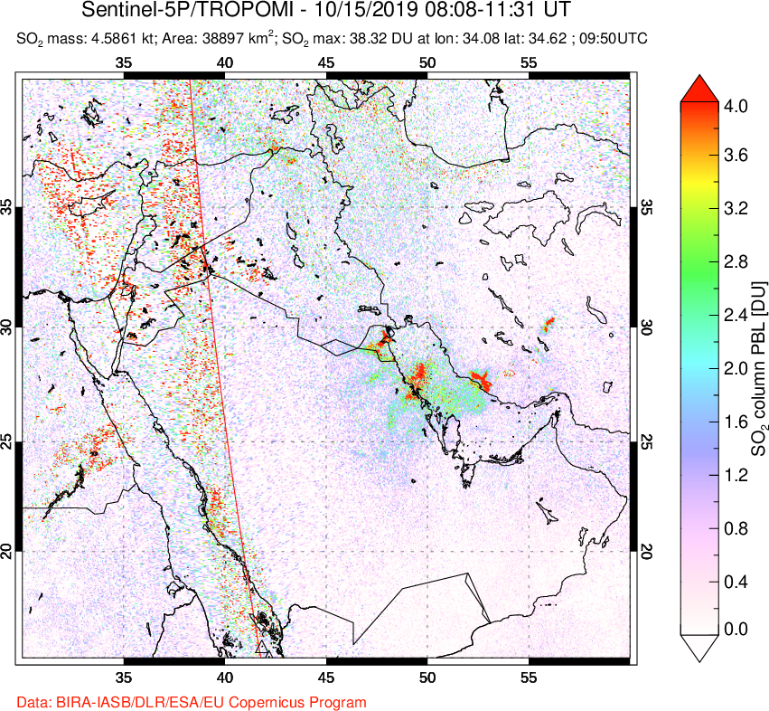 A sulfur dioxide image over Middle East on Oct 15, 2019.