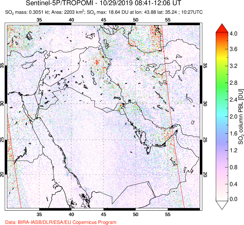 A sulfur dioxide image over Middle East on Oct 29, 2019.