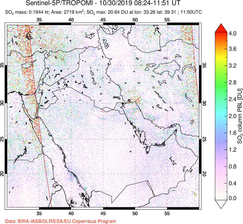A sulfur dioxide image over Middle East on Oct 30, 2019.