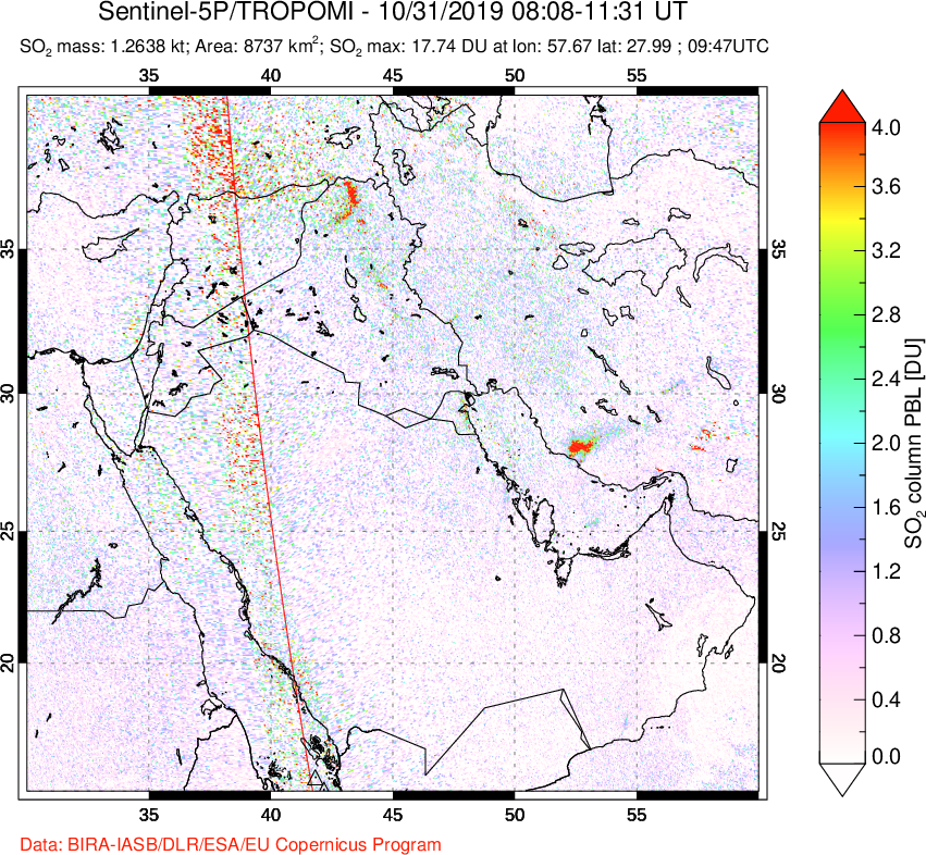 A sulfur dioxide image over Middle East on Oct 31, 2019.
