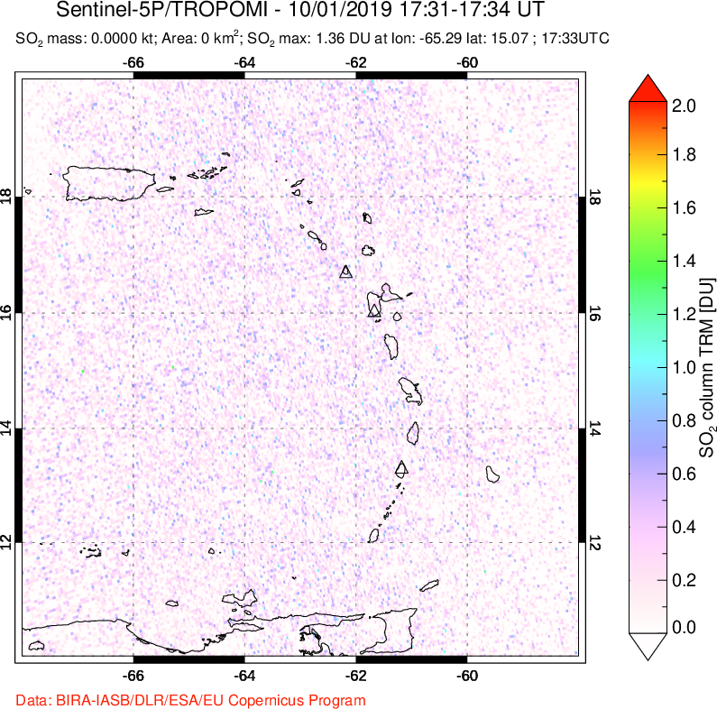 A sulfur dioxide image over Montserrat, West Indies on Oct 01, 2019.