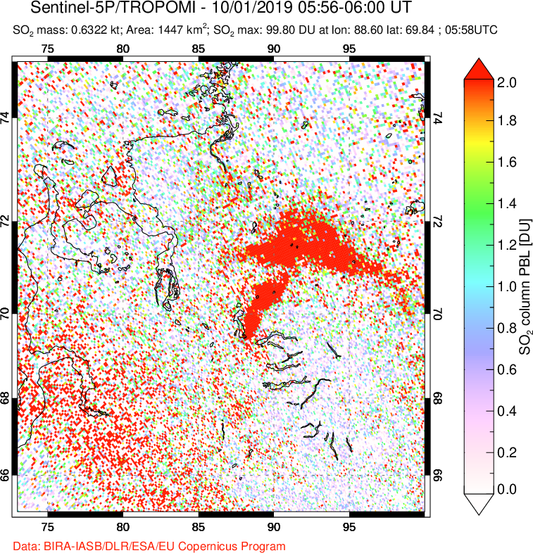 A sulfur dioxide image over Norilsk, Russian Federation on Oct 01, 2019.