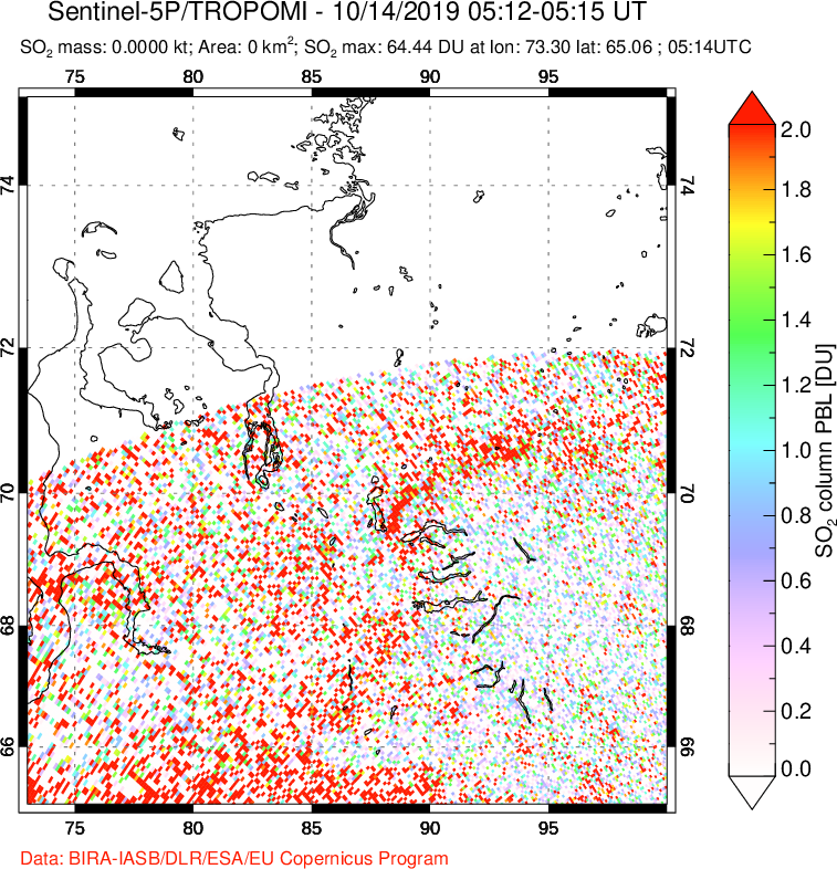 A sulfur dioxide image over Norilsk, Russian Federation on Oct 14, 2019.
