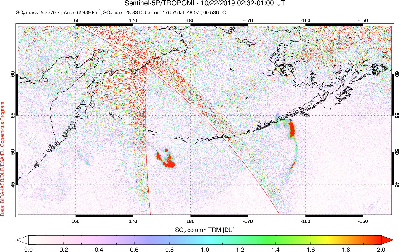 A sulfur dioxide image over North Pacific on Oct 22, 2019.