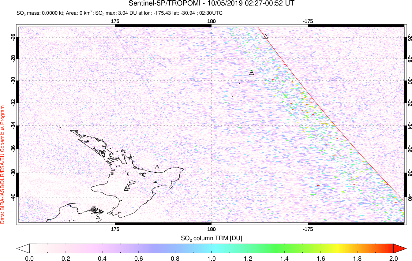 A sulfur dioxide image over New Zealand on Oct 05, 2019.