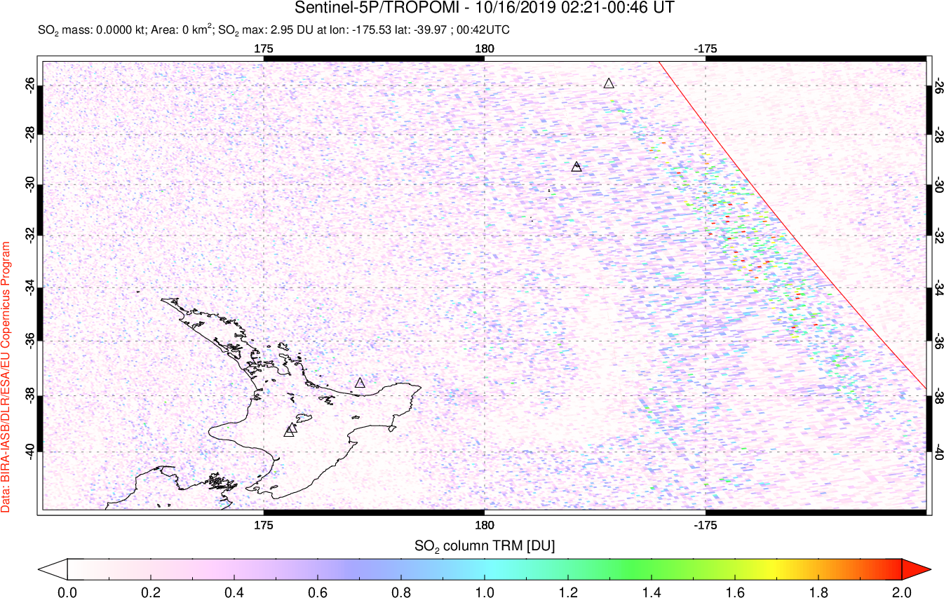 A sulfur dioxide image over New Zealand on Oct 16, 2019.