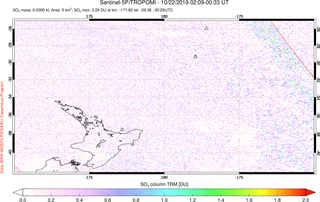A sulfur dioxide image over New Zealand on Oct 22, 2019.