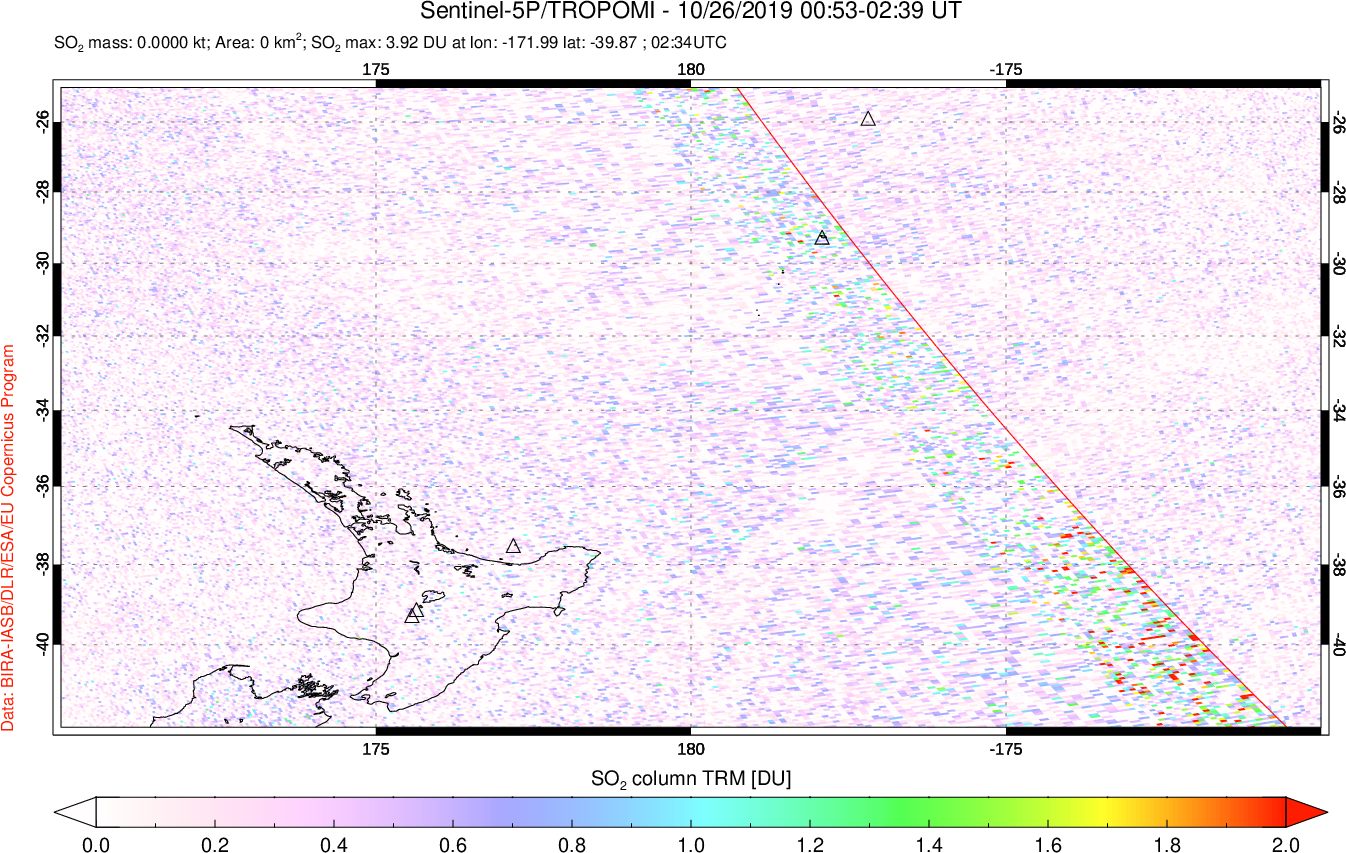 A sulfur dioxide image over New Zealand on Oct 26, 2019.