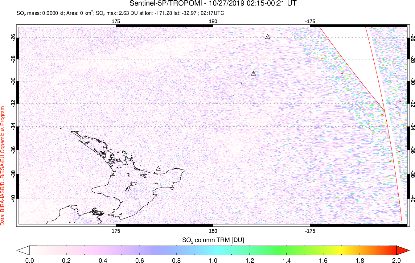 A sulfur dioxide image over New Zealand on Oct 27, 2019.