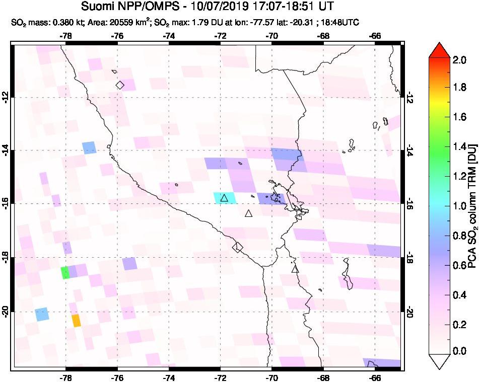 A sulfur dioxide image over Peru on Oct 07, 2019.