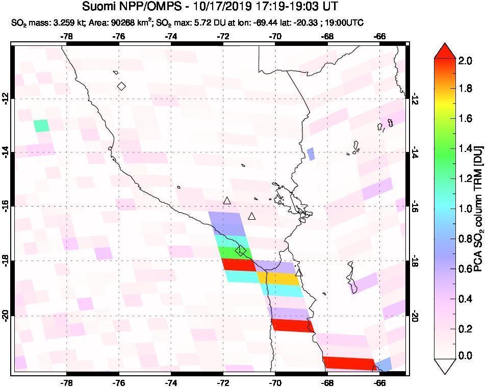 A sulfur dioxide image over Peru on Oct 17, 2019.