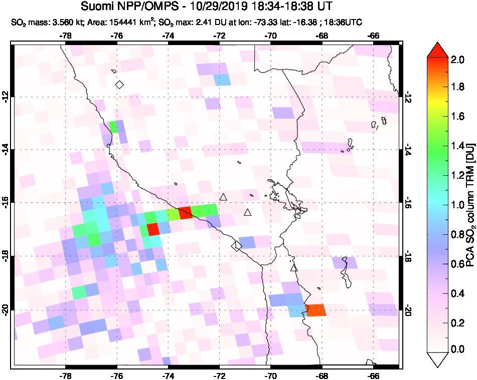 A sulfur dioxide image over Peru on Oct 29, 2019.