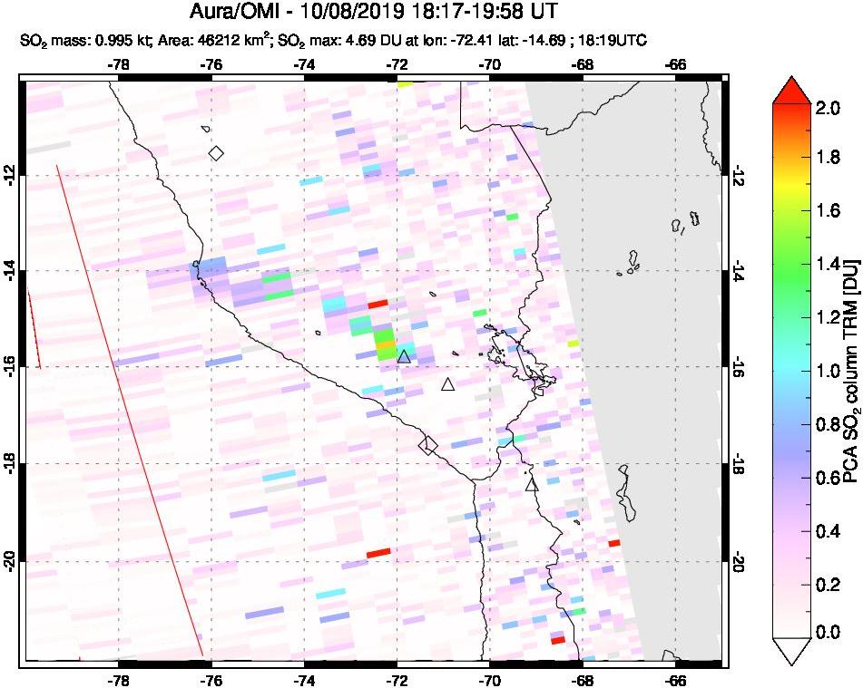 A sulfur dioxide image over Peru on Oct 08, 2019.