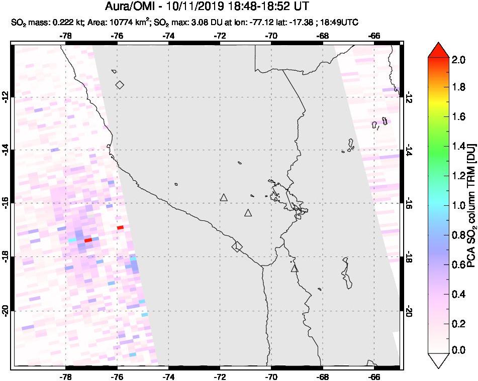 A sulfur dioxide image over Peru on Oct 11, 2019.