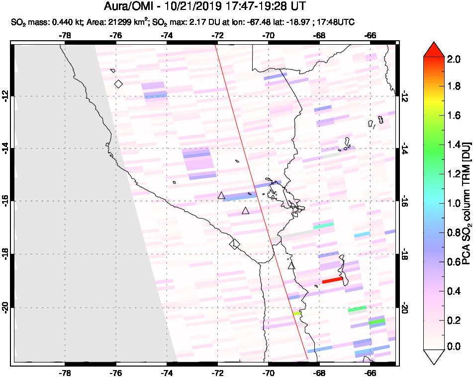 A sulfur dioxide image over Peru on Oct 21, 2019.