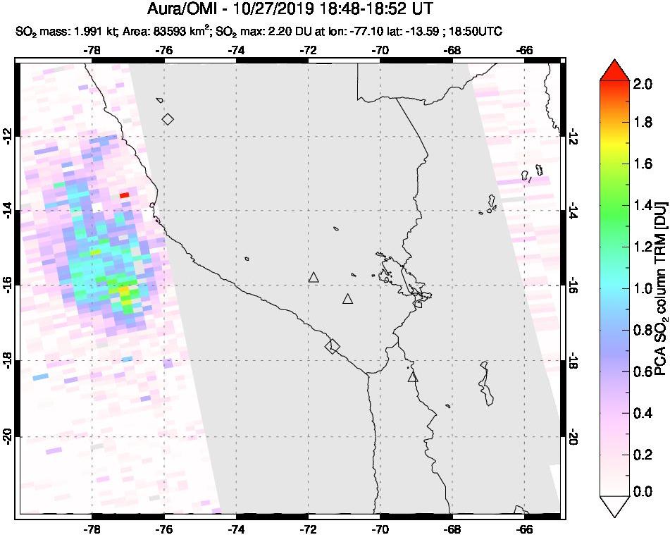 A sulfur dioxide image over Peru on Oct 27, 2019.