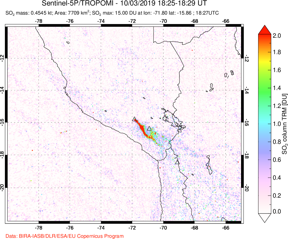 A sulfur dioxide image over Peru on Oct 03, 2019.