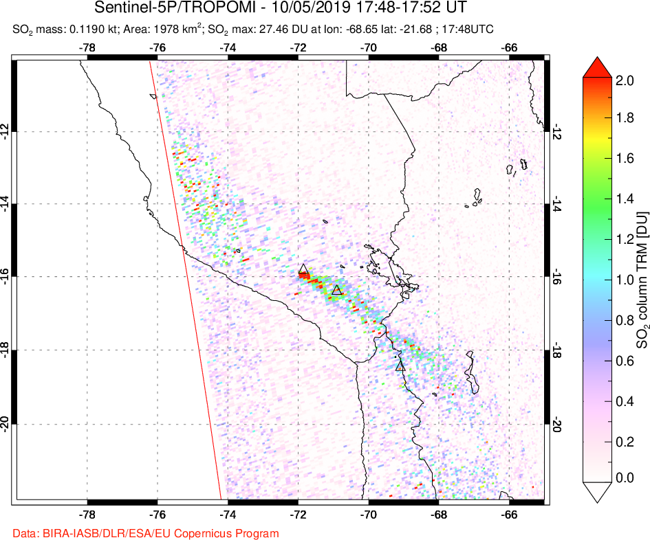 A sulfur dioxide image over Peru on Oct 05, 2019.