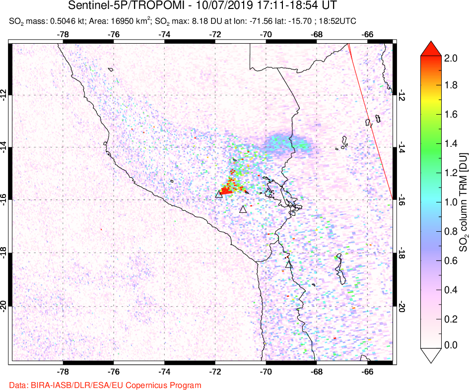 A sulfur dioxide image over Peru on Oct 07, 2019.