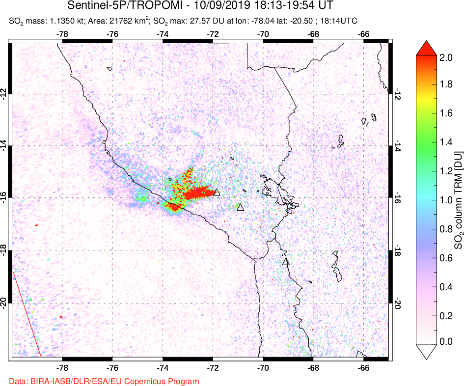A sulfur dioxide image over Peru on Oct 09, 2019.