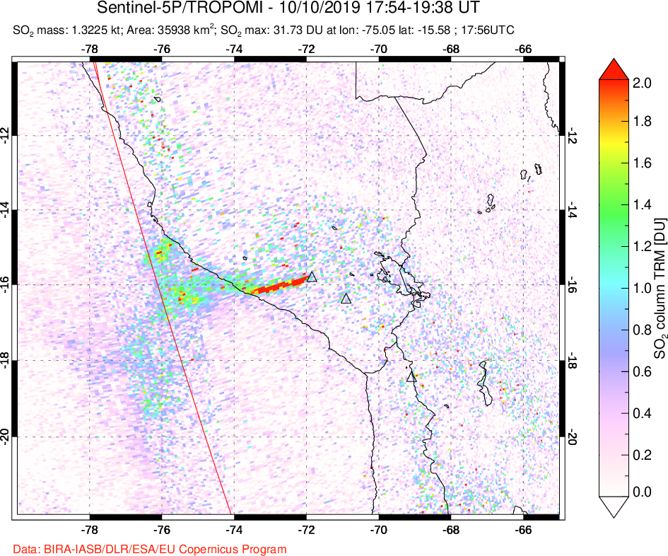 A sulfur dioxide image over Peru on Oct 10, 2019.
