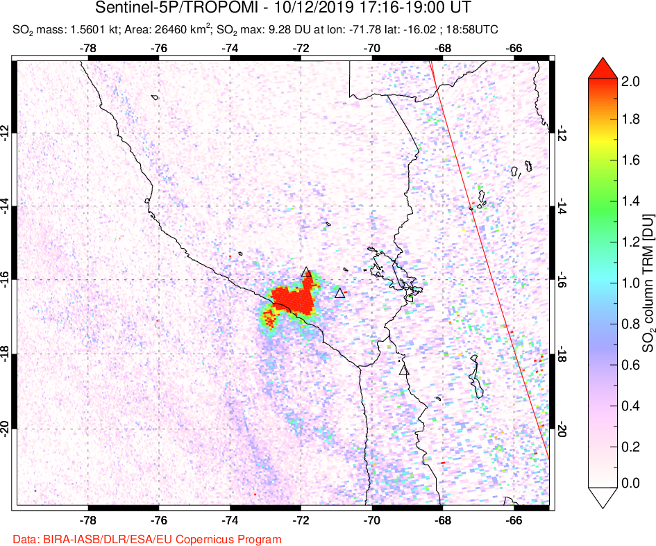 A sulfur dioxide image over Peru on Oct 12, 2019.