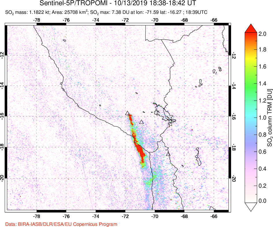 A sulfur dioxide image over Peru on Oct 13, 2019.