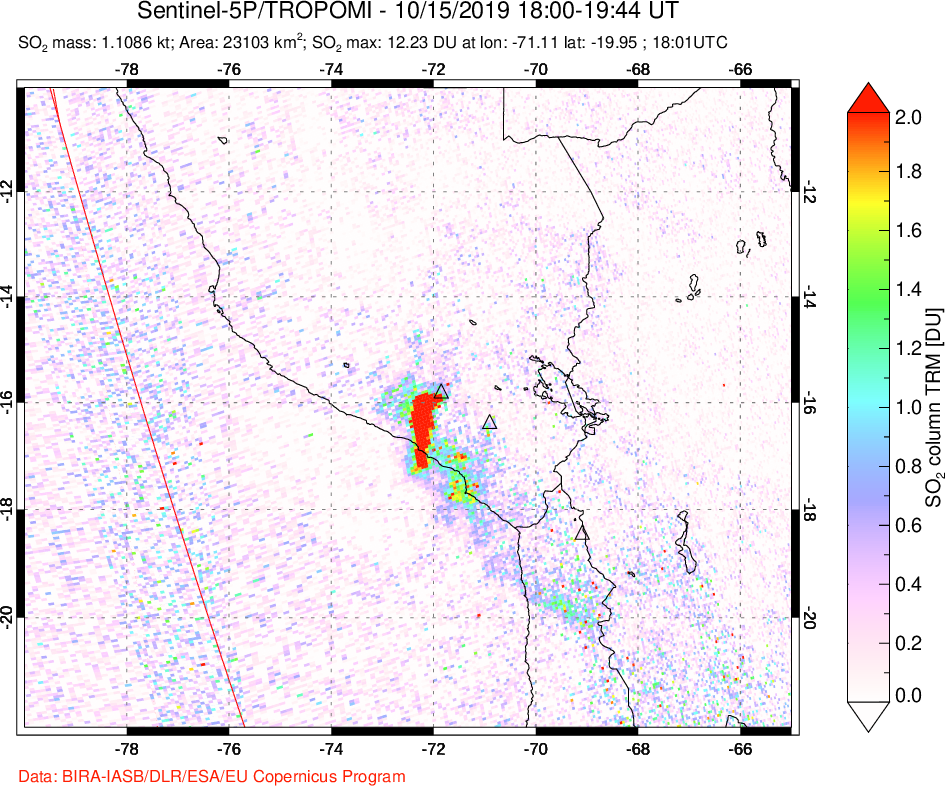 A sulfur dioxide image over Peru on Oct 15, 2019.