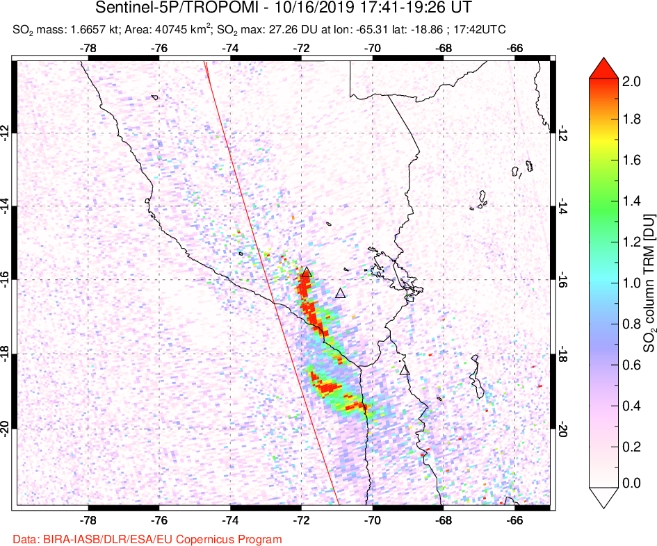 A sulfur dioxide image over Peru on Oct 16, 2019.