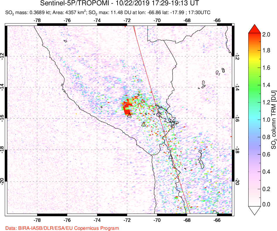A sulfur dioxide image over Peru on Oct 22, 2019.