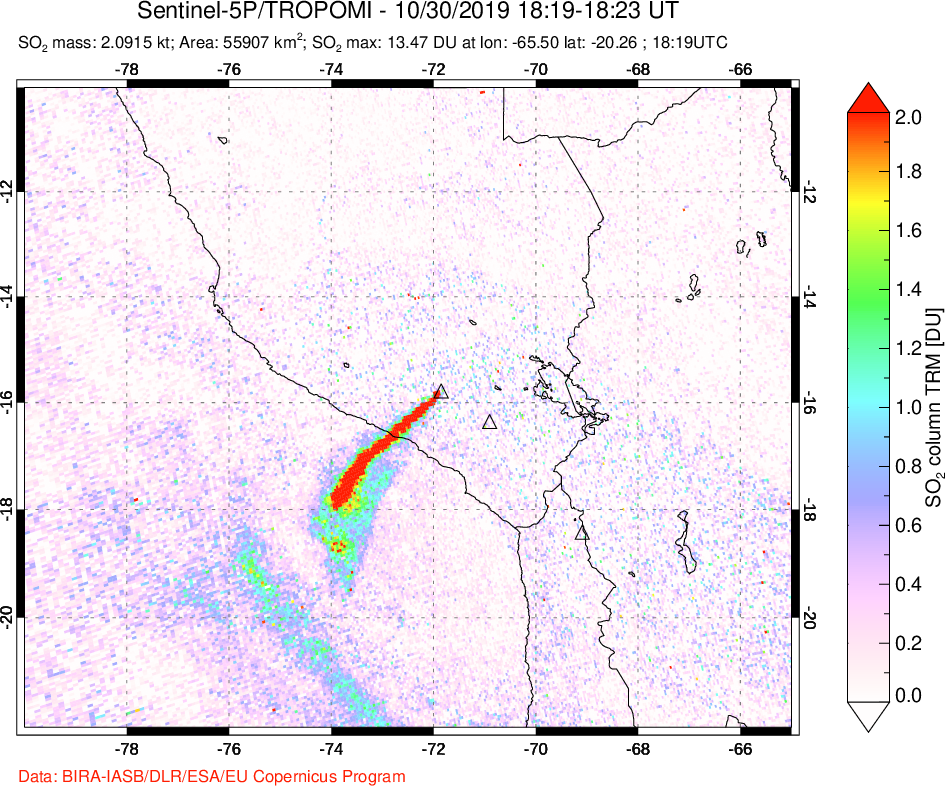 A sulfur dioxide image over Peru on Oct 30, 2019.