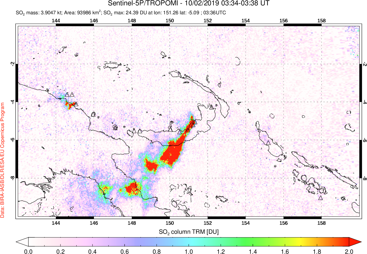 A sulfur dioxide image over Papua, New Guinea on Oct 02, 2019.
