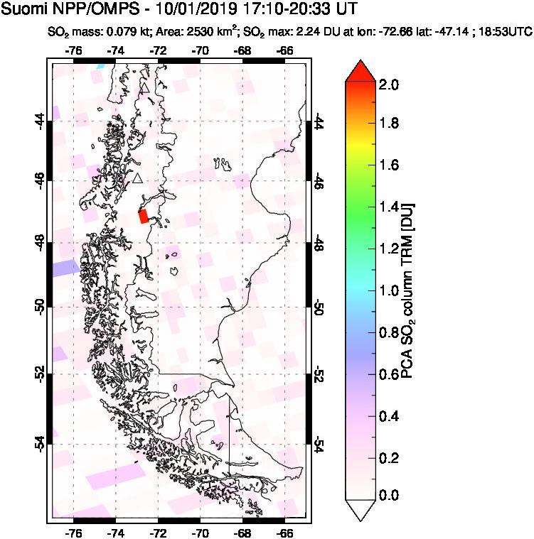 A sulfur dioxide image over Southern Chile on Oct 01, 2019.