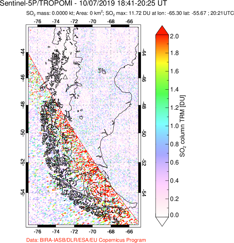 A sulfur dioxide image over Southern Chile on Oct 07, 2019.