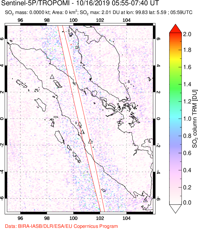 A sulfur dioxide image over Sumatra, Indonesia on Oct 16, 2019.