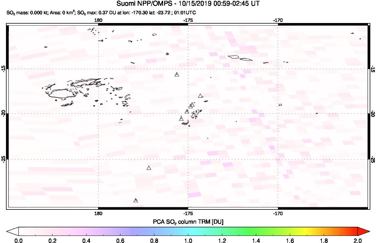 A sulfur dioxide image over Tonga, South Pacific on Oct 15, 2019.