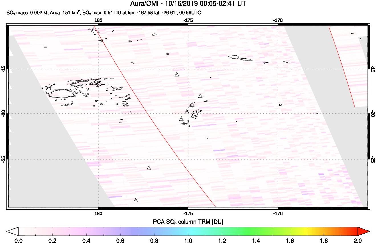 A sulfur dioxide image over Tonga, South Pacific on Oct 16, 2019.