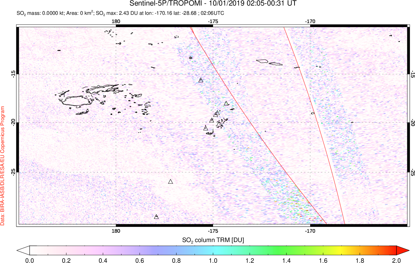 A sulfur dioxide image over Tonga, South Pacific on Oct 01, 2019.
